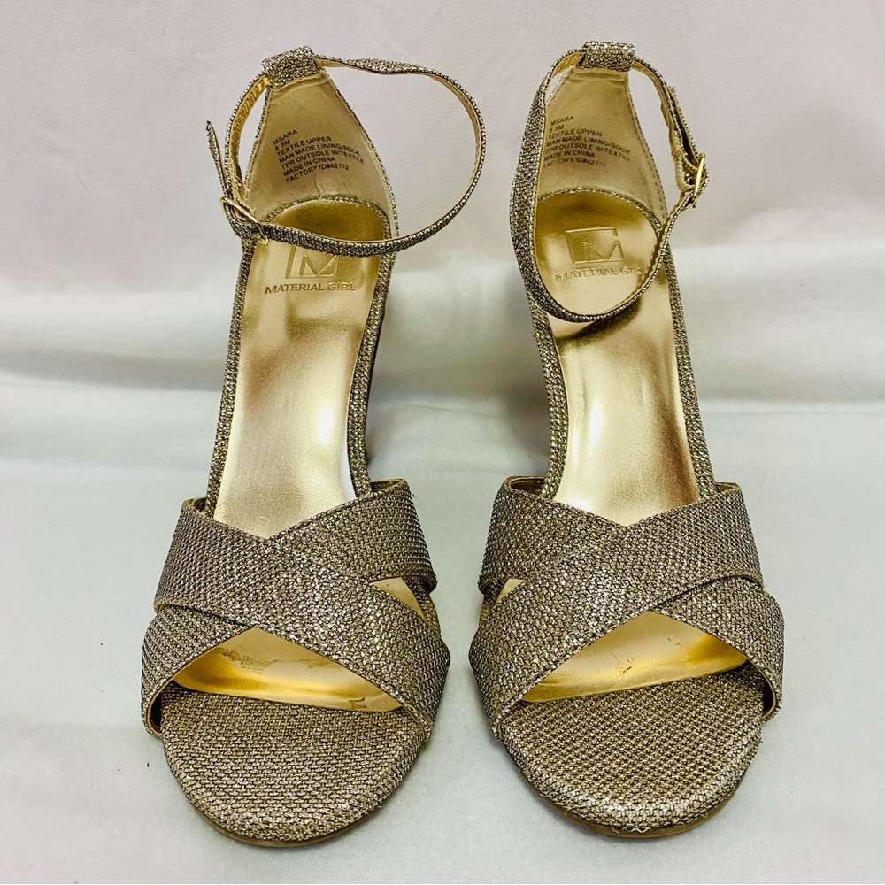 Macy’s Material Girl Gold Glitter Ankle Strap Open Toe 4 In. Stiletto Heels 8.5 - Picture 5 of 14